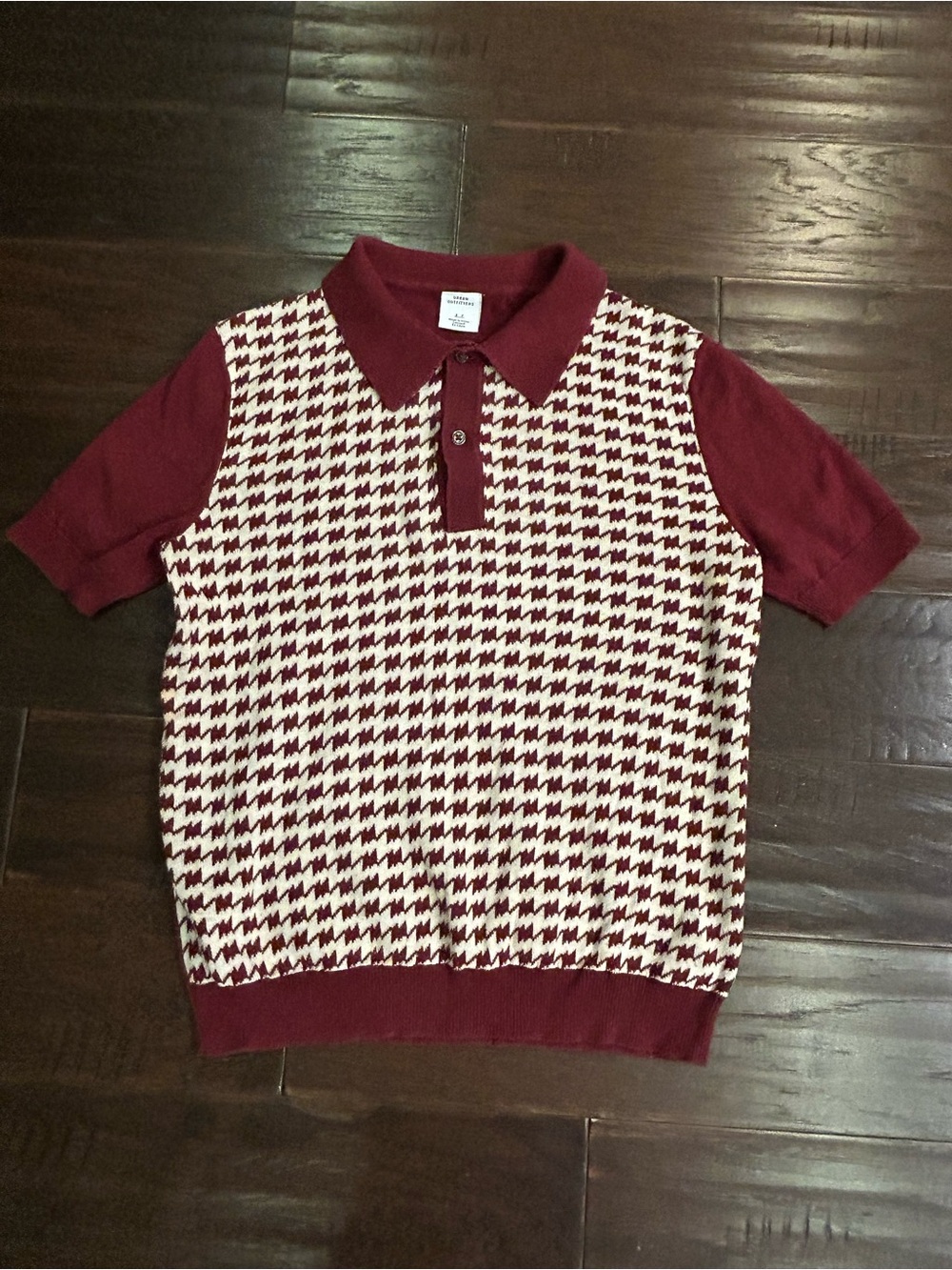 Urban Outfitters Burgundy and Cream Houndstooth Polo Sweater